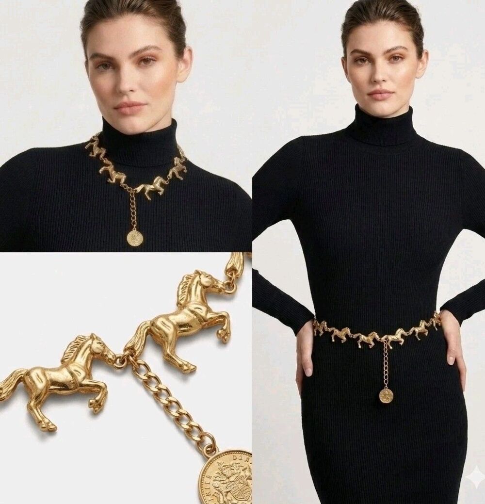 90s Vtg Statement GOLD HORSE Chain Belt / Necklace Anne Klein 2-in-1 Equestrian